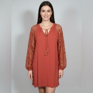 Promises Orange Lace Balloon Long Sleeve Dress Tassel Tie Size Small